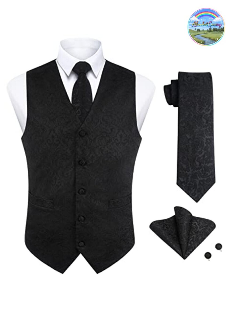 Paisley Suit Vest Set with Tie Pocket Square Cufflinks Silk Waistcoat